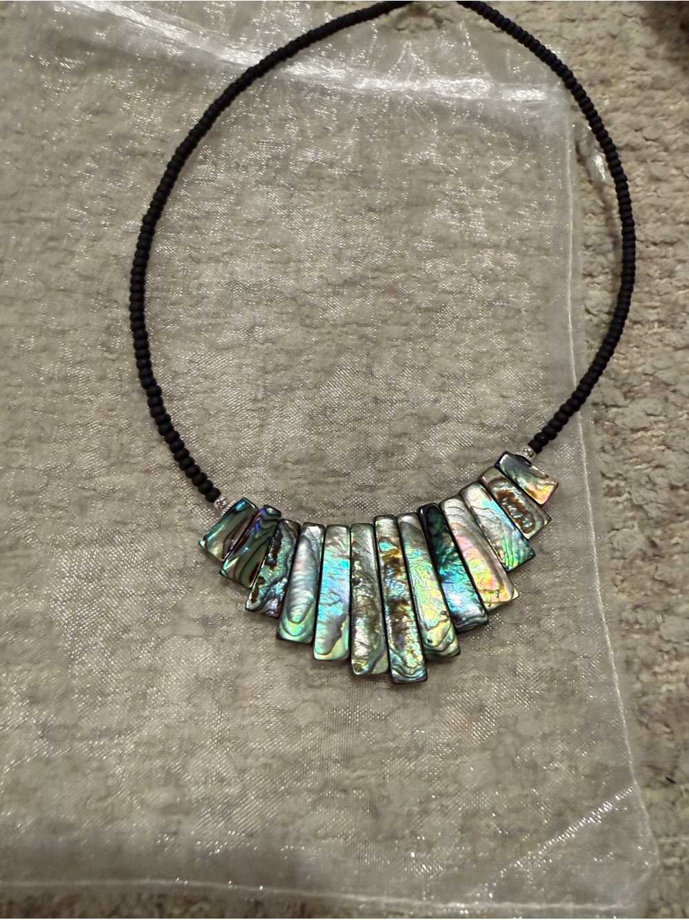 Abalone Fan Pendant Necklace - Iridescent Shell on Black Beaded Cord